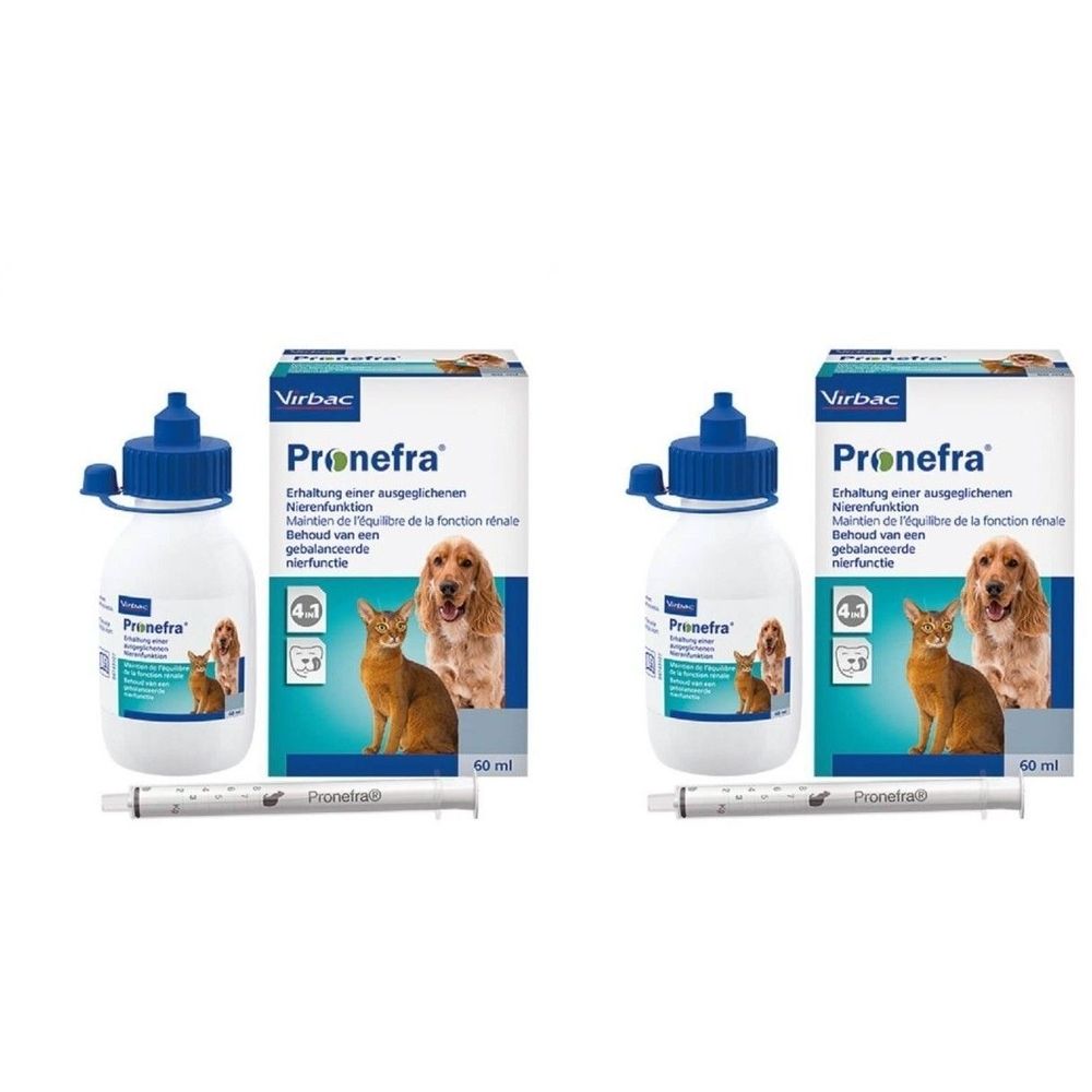 Deux flacons et boîtes avec impression du produit Pronefra. Comprend une seringue. Un chat et un chien sont représentés.