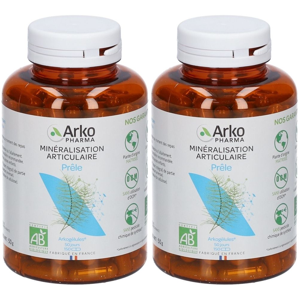 Deux flacons bruns avec bouchons blancs. Inscription : Arko Pharma, Minéralisation Articulaire, Prêle. Avec label AB.