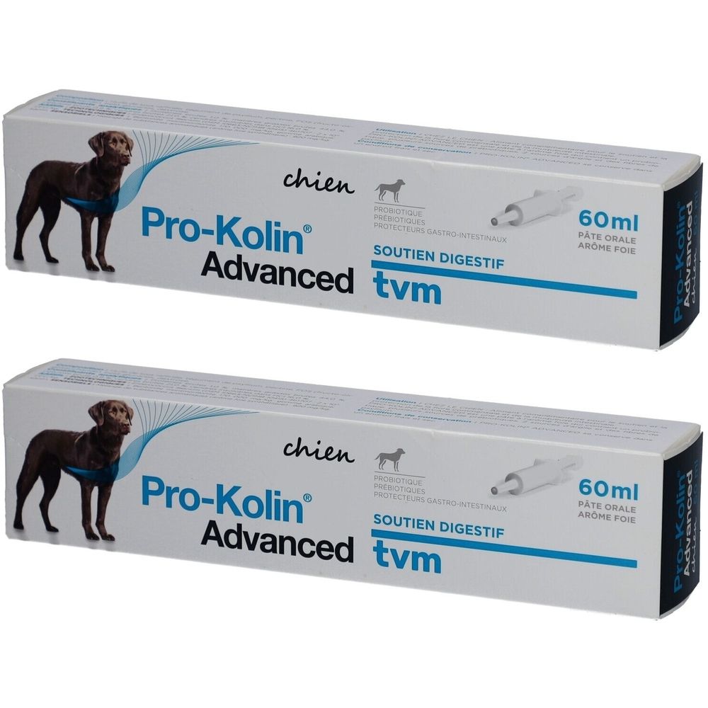 Deux boîtes de Pro-Kolin Advanced pour chiens. Chaque boîte présente un chien, le nom du produit et du texte.