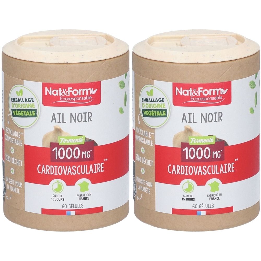 Deux boîtes cylindriques avec étiquettes. Inscription : Nat&Form Ail Noir, 1000 mg, Cardiovasculaire. Emballage d'origine végétale.
