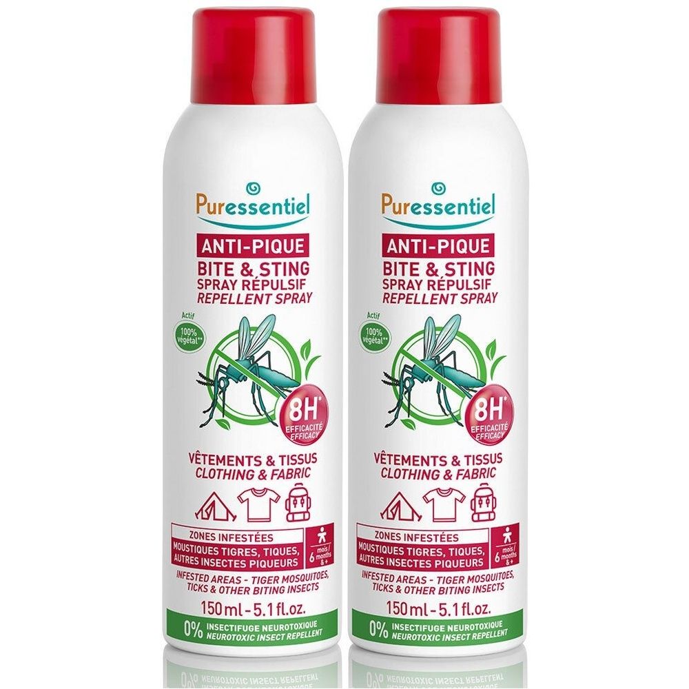 Deux sprays Puressentiel Anti-Pique. Étiquette blanche, bouchon rouge. Texte: Anti-Pique, Spray répulsif, 8H.
