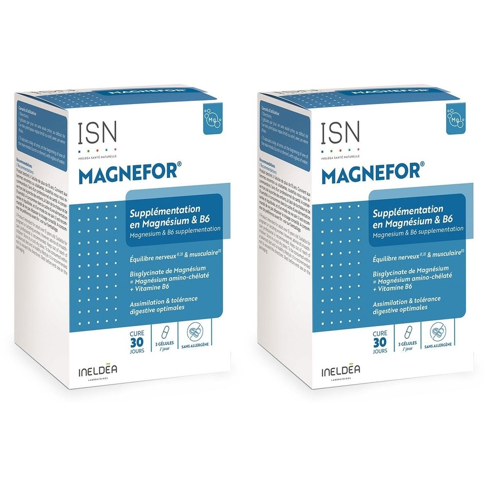 Deux boîtes de ISN Magnefor. Inscription: Supplémentation en Magnésium & B6. Contient 30 comprimés. Emballage bleu et blanc.