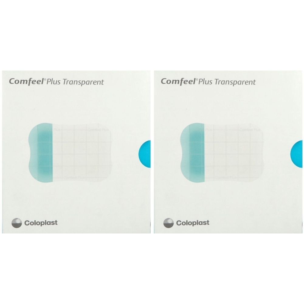 Deux emballages carrés. Inscription : Comfeel Plus Transparent. Logo : Coloplast. Pansement hydrocolloïde présenté.