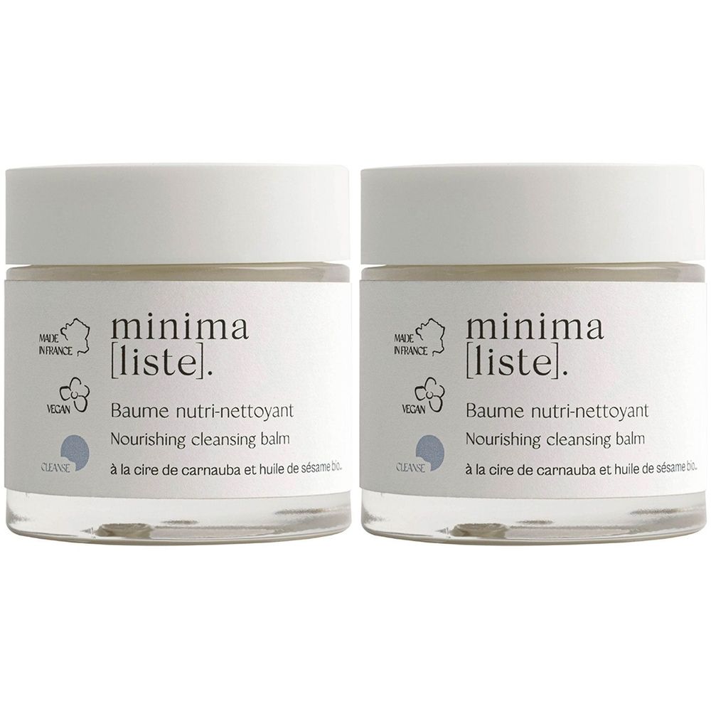 Deux pots MINIMA[LISTE] avec couvercles blancs et étiquettes. Inscription: Baume nutri-nettoyant, Nourishing cleansing balm. Label vegan.