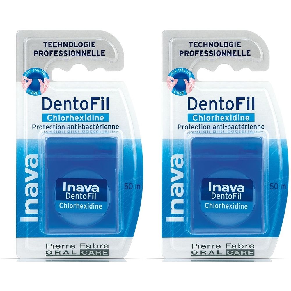 Deux paquets de fil dentaire. Inscription : DentoFil Chlorhexidine, protection antibactérienne. Marque : Inava. Emballage avec crochet.