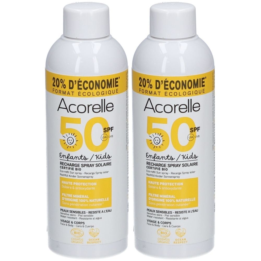 Deux flacons blancs avec étiquettes jaunes. On lit "Acorelle 50 SPF Enfants/Kids". Texte : "20% D'ÉCONOMIE".
