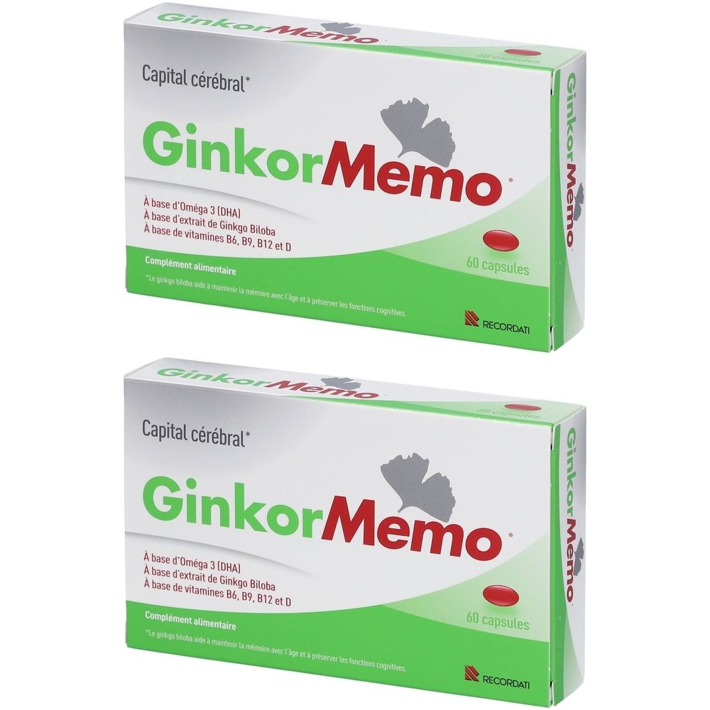 Deux boîtes de GinkorMemo. Emballage blanc avec texte vert et rouge. Contient 60 capsules.