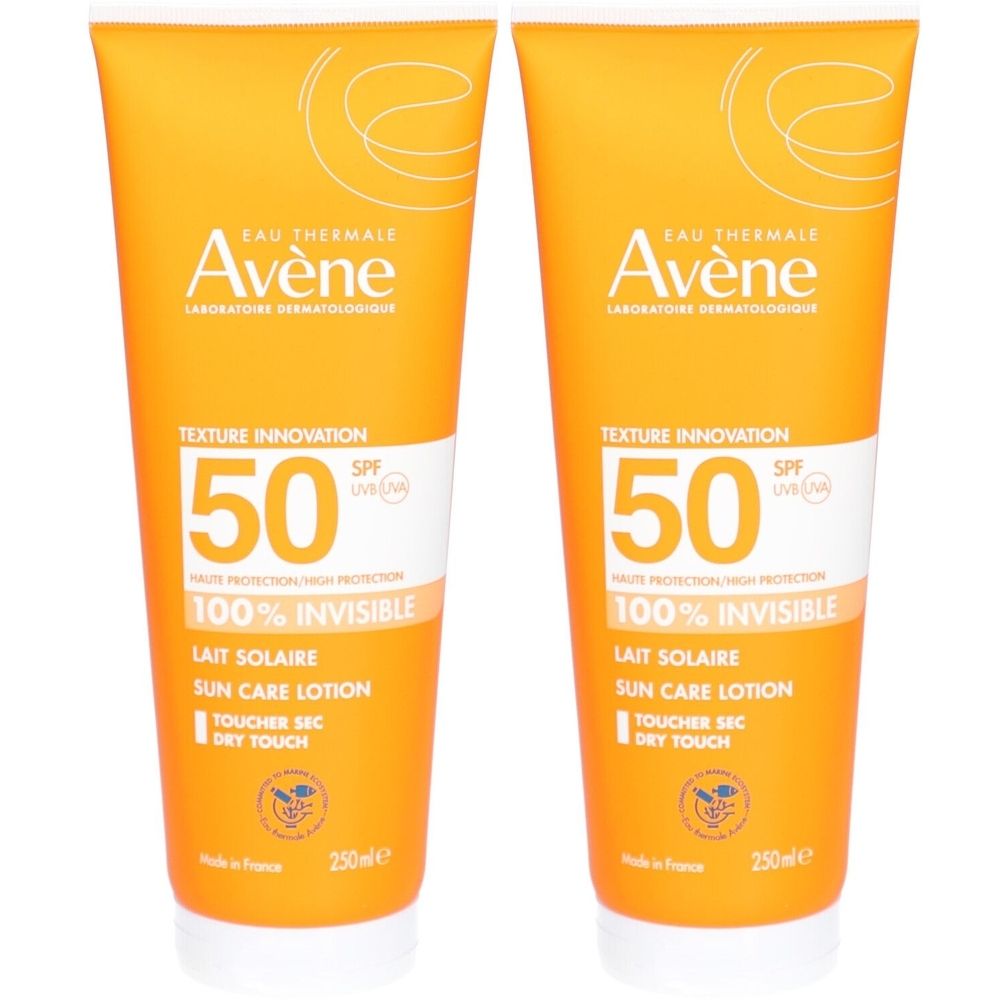 Deux tubes de lait solaire orange. Inscription blanche. Marque : Avène. SPF 50. 250ml.