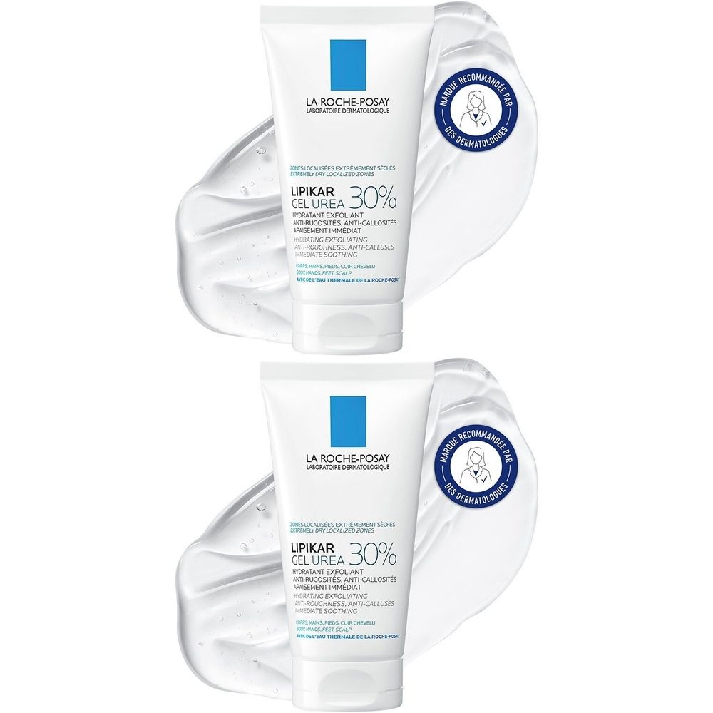 Deux tubes blancs avec texte bleu. Inscription: LIPIKAR GEL UREA 30%. Recommandé par les dermatologues.