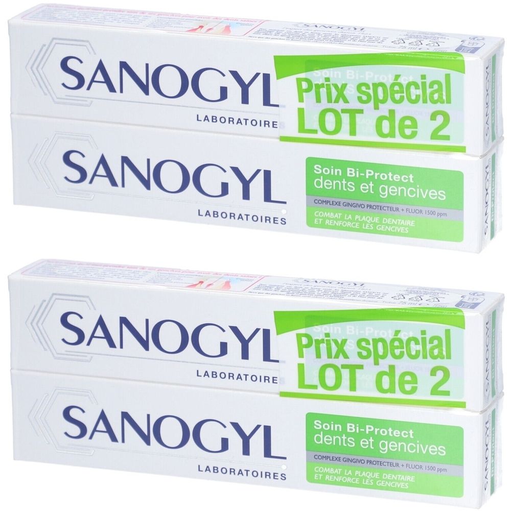 Deux tubes de dentifrice Sanogyl. Inscription "Prix spécial LOT de 2" et "Soin Bi-Protect dents et gencives".