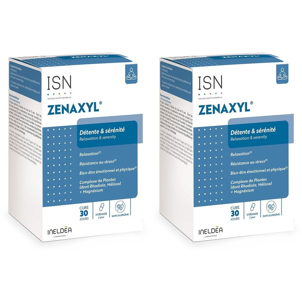 Deux boîtes blanches avec des accents bleus. Inscription: ISN ZENAXYL, Détente & sérénité. Contient 30 gélules. Marque INELDEA.