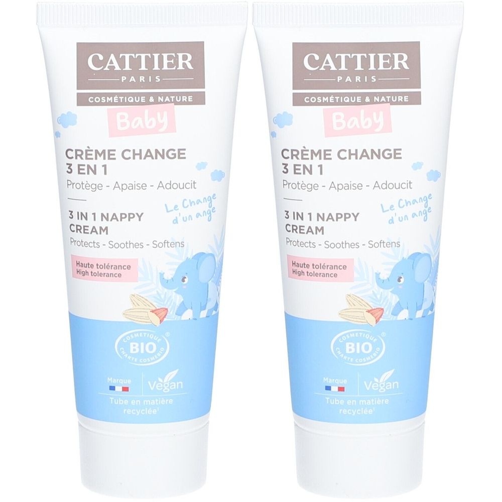 Deux tubes de crème CATTIER Baby Crème Change 3 en 1. Tubes blancs avec texte et illustrations bleus. Certifications Bio et Vegan.