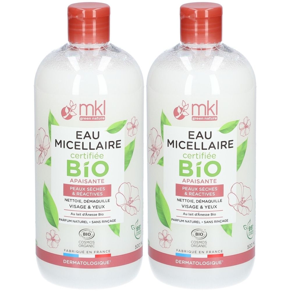 Deux flacons d'eau micellaire mkl. Étiquette blanche avec feuilles vertes, fleurs et texte. Produit bio certifié. Bouchon rouge.
