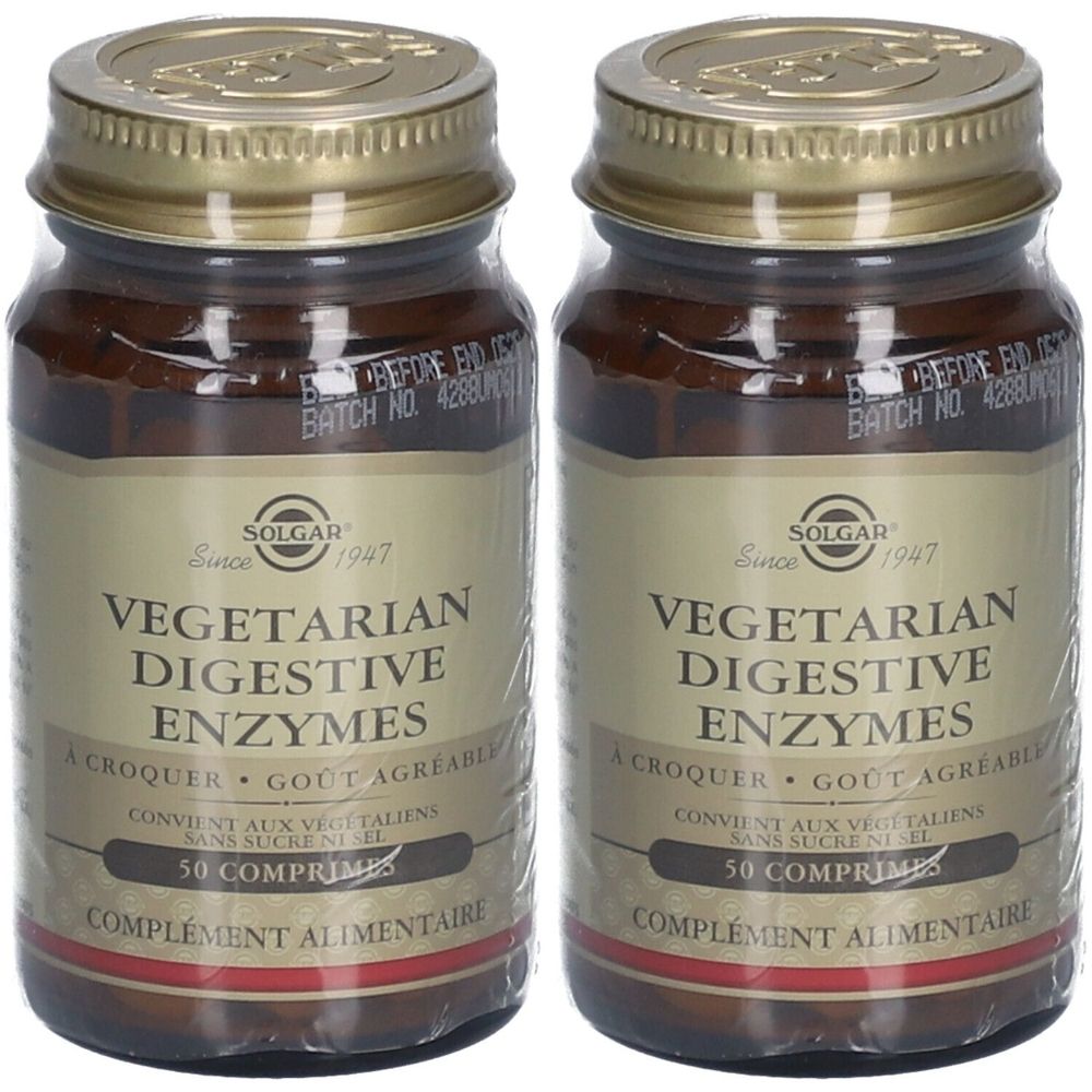 Deux flacons en verre brun avec des couvercles dorés. Les étiquettes indiquent "Vegetarian Digestive Enzymes" et "50 comprimés".