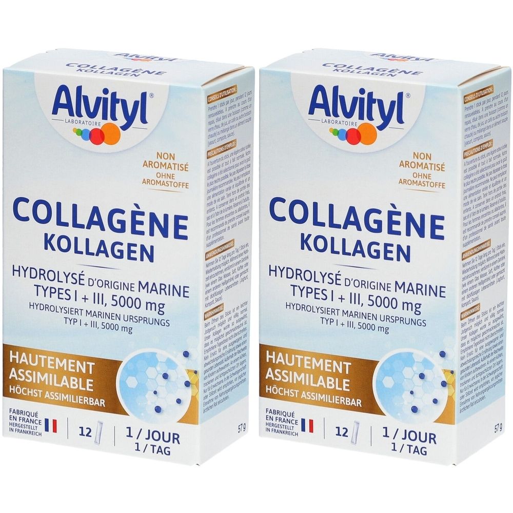 Deux boîtes de Alvityl Collagène Kollagen. Inscription : Hydrolysé d'origine marine Types I + III, 5000 mg. 12 unités, 1 par jour.