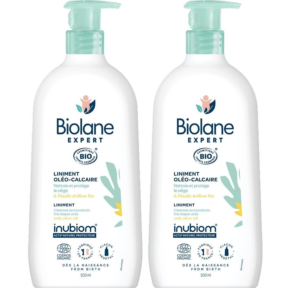 Deux flacons de Biolane Expert Liniment. Flacons blancs avec pompe verte. Inscription : Liniment Oléo-Calcaire Bio.