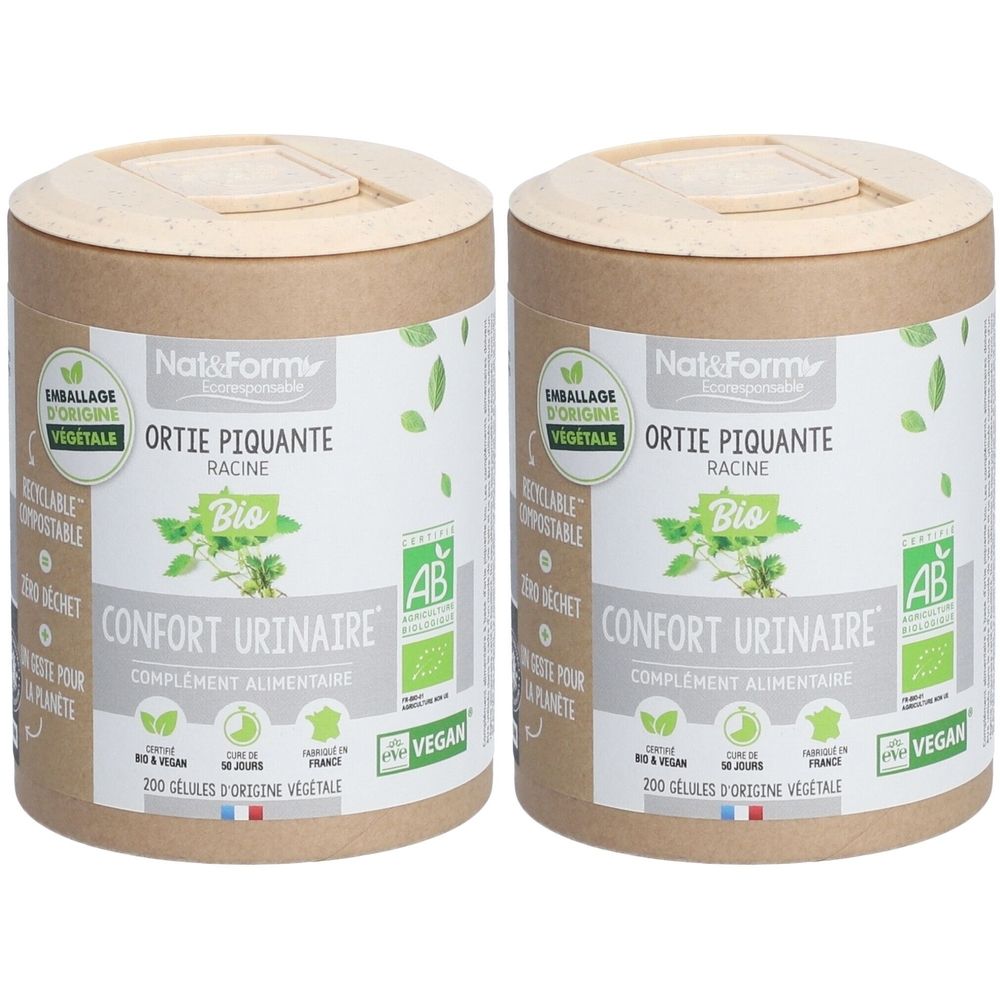 Deux boîtes cylindriques avec couvercles. Inscriptions : Nat&Form, Ortie Piquante, Bio, Confort Urinaire, Vegan. Certification AB.