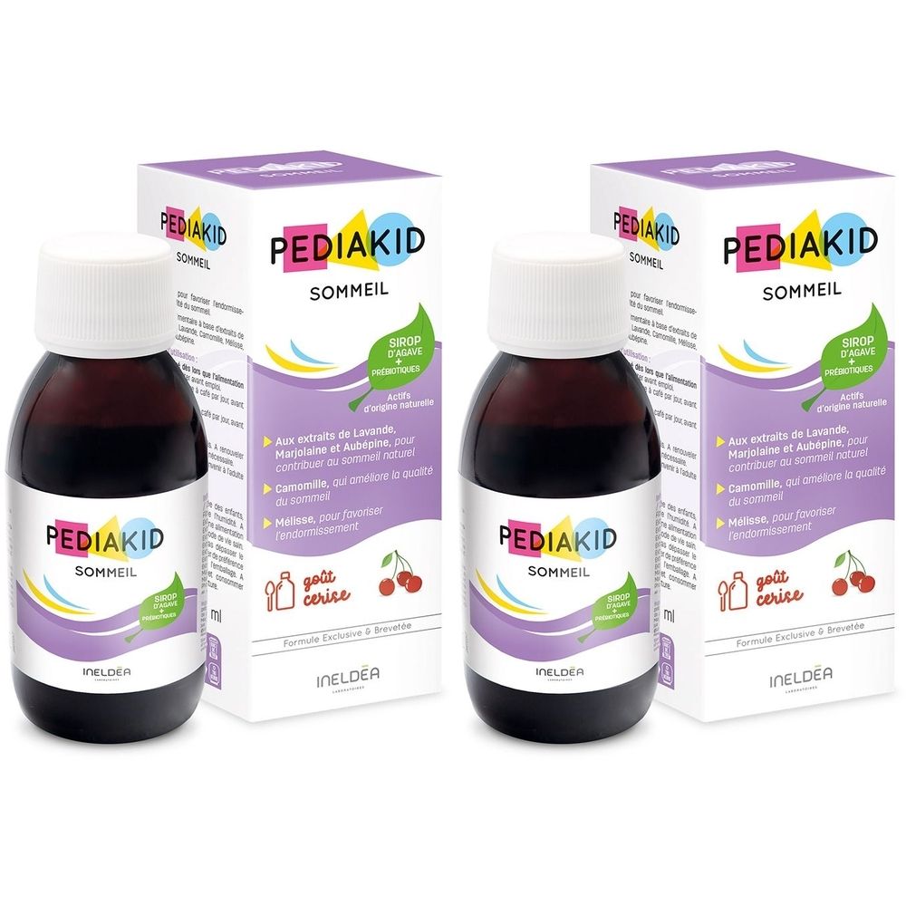 Deux flacons et emballages PEDIAKID Sommeil. Flacons avec bouchon blanc, liquide brun. Emballage avec nom du produit et logo.