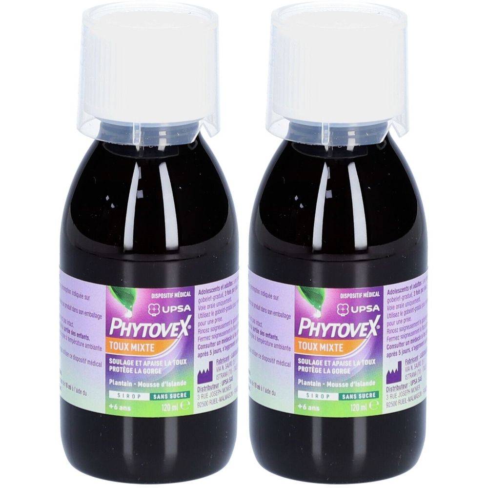 Deux flacons de liquide foncé avec bouchons blancs. Étiquettes "Phytovex Toux Mixte".