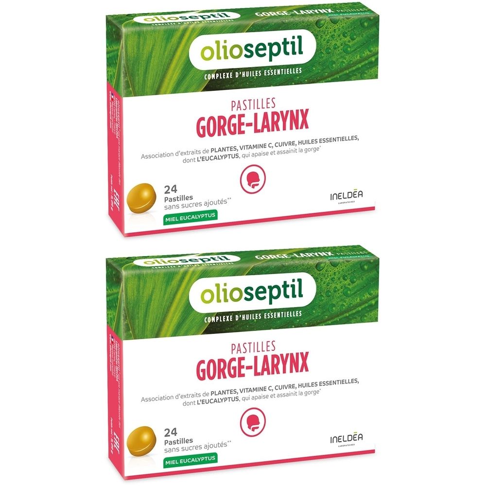 Deux boîtes de "olioseptil" et "GORGE-LARYNX". 24 pastilles sans sucres ajoutés. Design vert et blanc.
