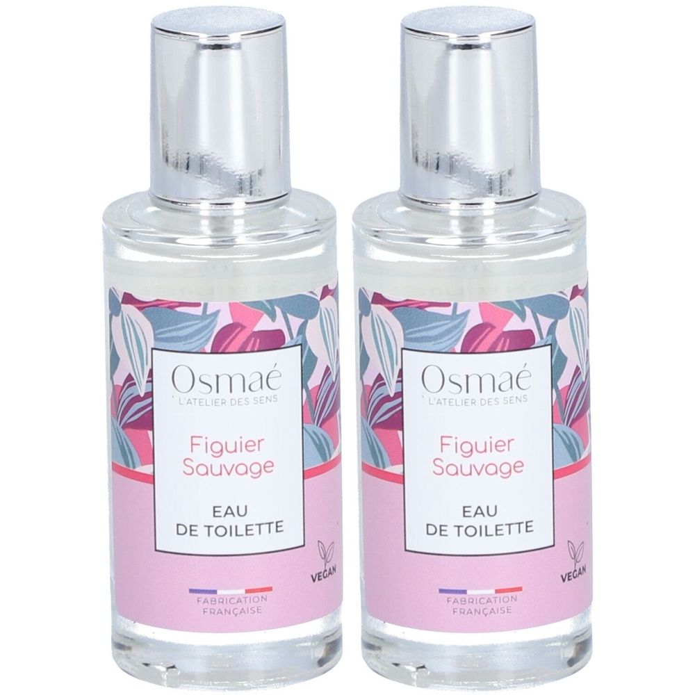Deux flacons d'Eau de Toilette. Inscription : Osmaé, Figuier Sauvage, Eau de Toilette. Motif floral et label d'origine française.