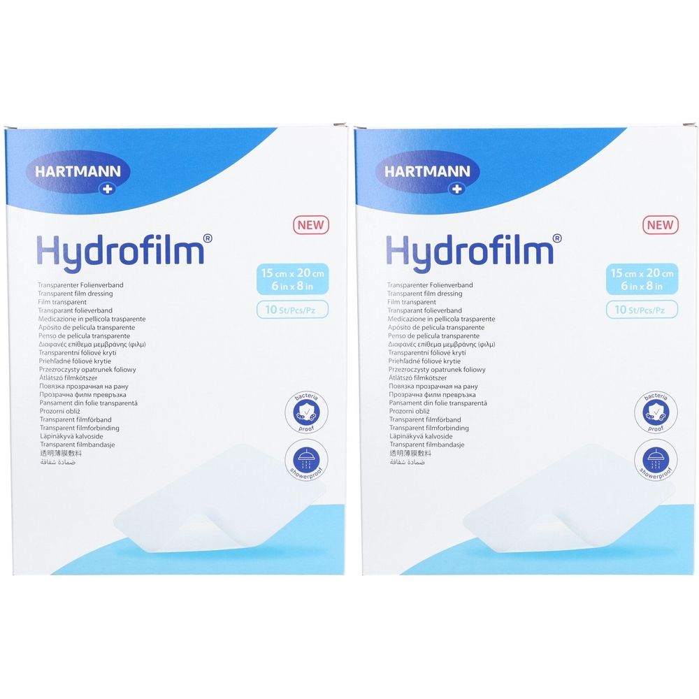 Deux boîtes de Hydrofilm transparent. Inscription: HARTMANN, 15 cm x 20 cm, 10 pièces. Avec certifications.