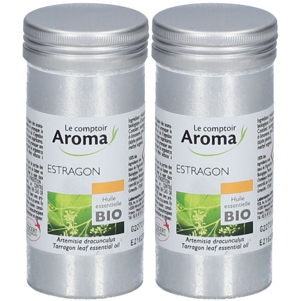 Deux flacons cylindriques argentés avec étiquettes. On lit "Le comptoir Aroma", "Estragon", "Huile essentielle BIO".