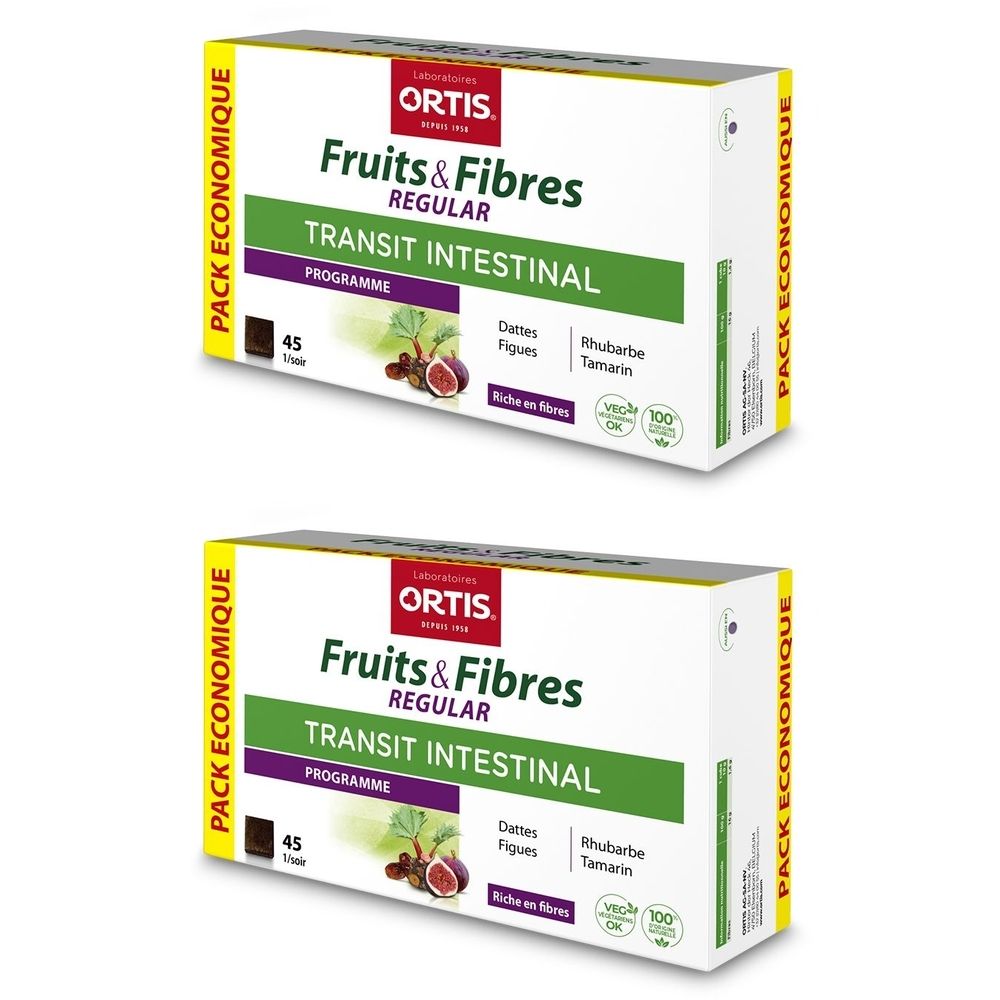 Deux boîtes Ortis Fruits & Fibres Regular. Inscription: Transit intestinal, 45 unités. Avec illustrations de fruits.