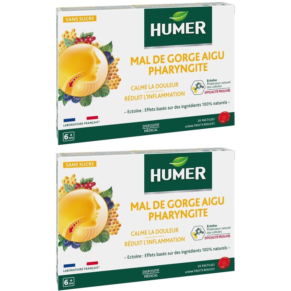 Deux boîtes de HUMER Mal de gorge Aigu Pharyngite. Boîtes blanches avec texte vert. Contient 20 pastilles.