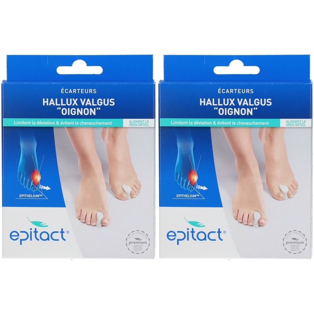 Deux boîtes d'écarteurs d'orteils Epitact. Emballage bleu avec nom du produit et illustration d'un pied avec écarteur.