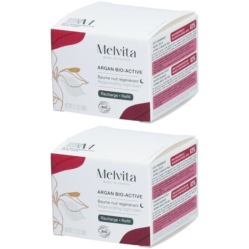 Deux boîtes blanches. Inscription: Melvita, Argan Bio-Active, Baume nuit régénérant, Recharge-Refill. Label Bio.