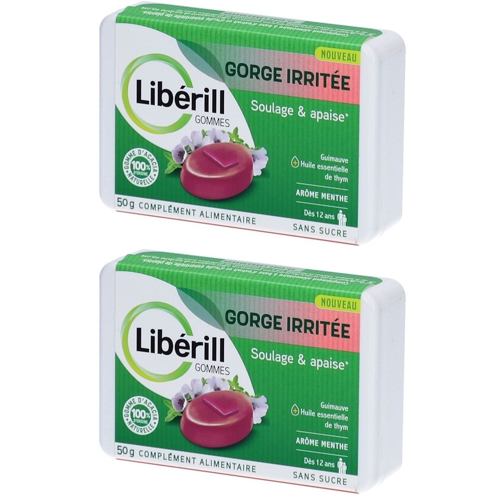 Deux boîtes de Libérill GORGE IRRITÉE. Emballage blanc avec éléments verts et blancs. Illustration de pastilles rouges. Texte : « GORGE IRRITÉE ».