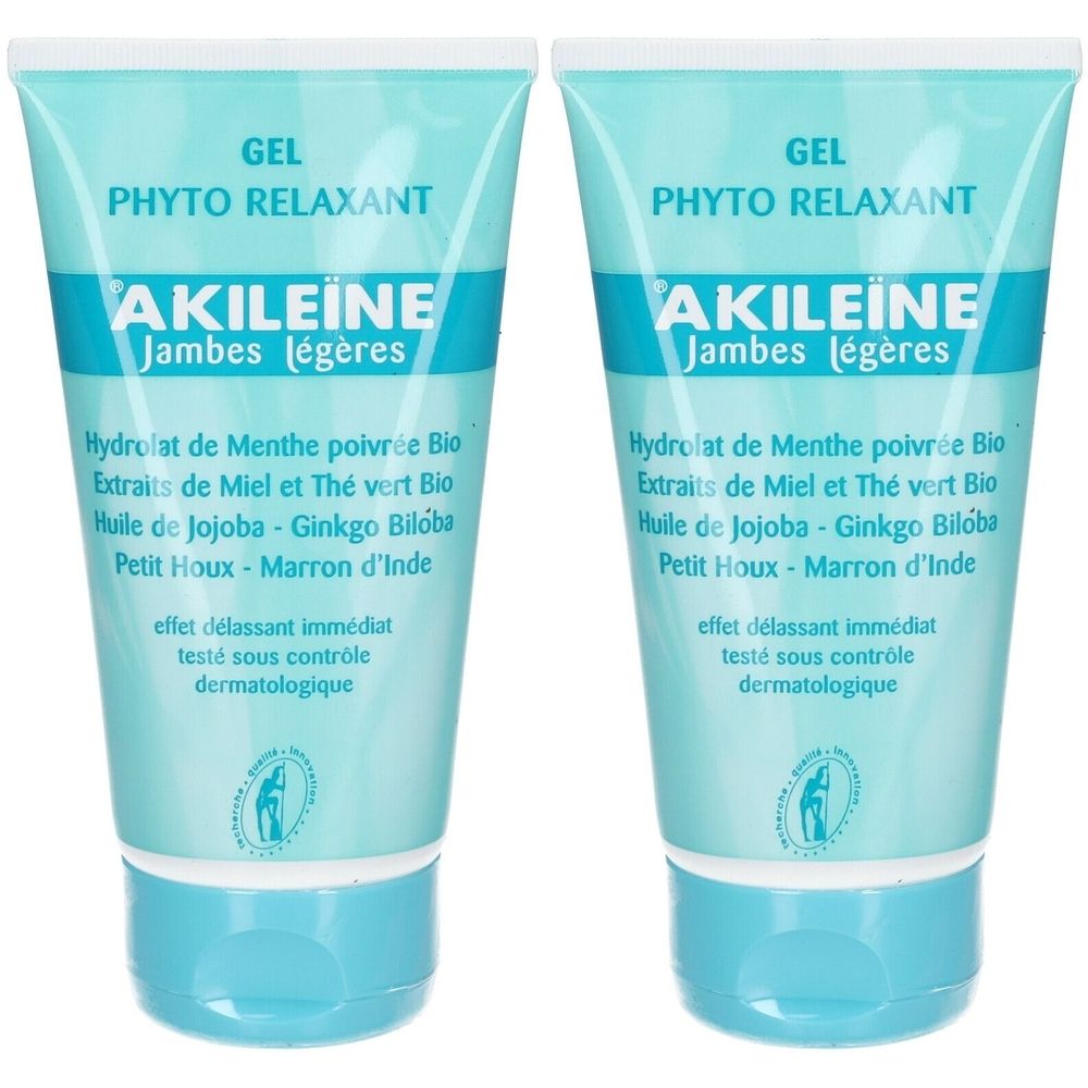 Deux tubes de gel. Inscription: AKILEÏNE, Jambes légères, Phyto Relaxant. Ingrédients et contrôle dermatologique.