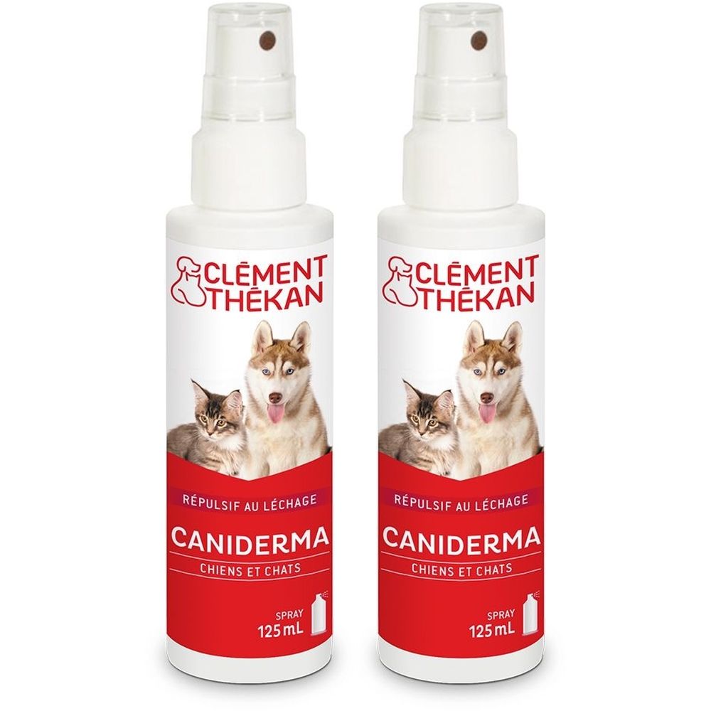 Deux flacons spray blancs. Inscription: CLEMENT THEKAN, CANIDERMA, pour chiens et chats. Bande rouge avec informations produit.