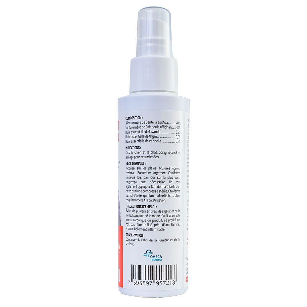 Arrière d'un flacon spray avec composition et indications pour "Clement Thekan Caniderma".