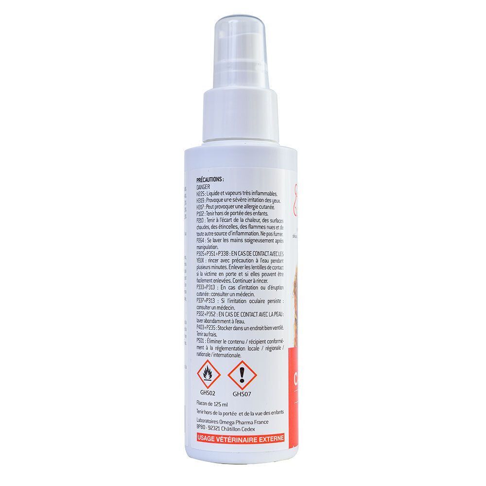 Arrière d'un flacon spray avec avertissements et certifications pour "Clement Thekan Caniderma".