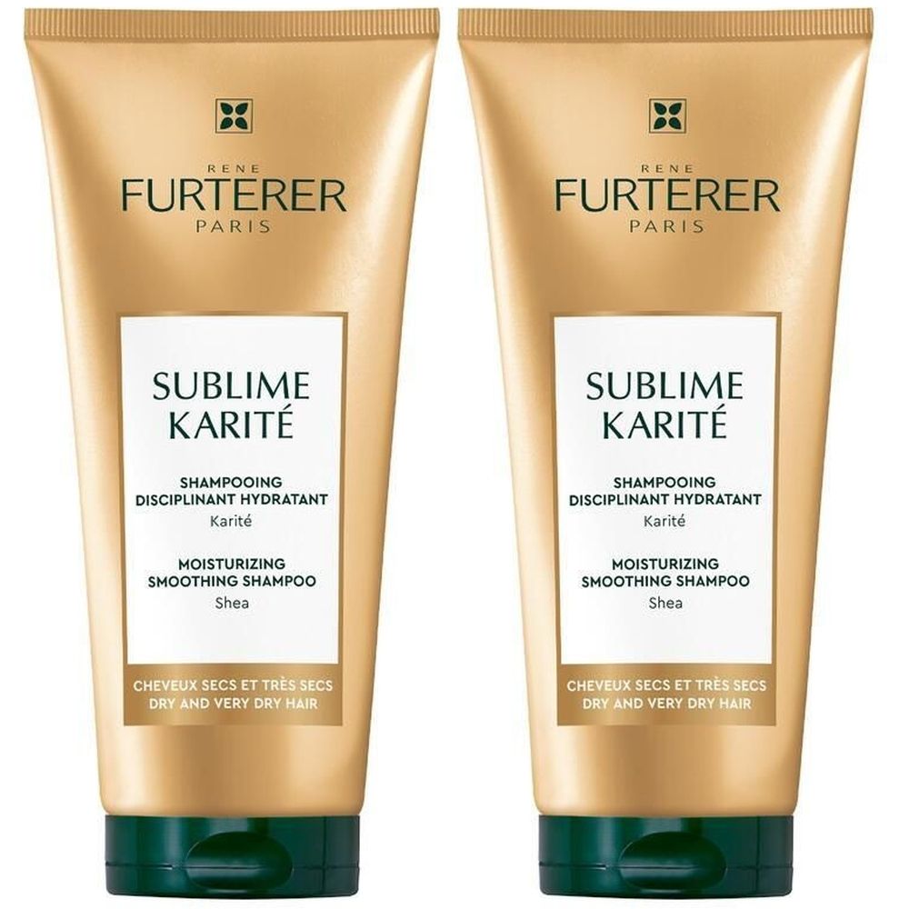 Deux tubes de shampooing dorés. Inscription: FURTERER PARIS, SUBLIME KARITÉ, Shampooing Disciplinant Hydratant, pour cheveux secs.