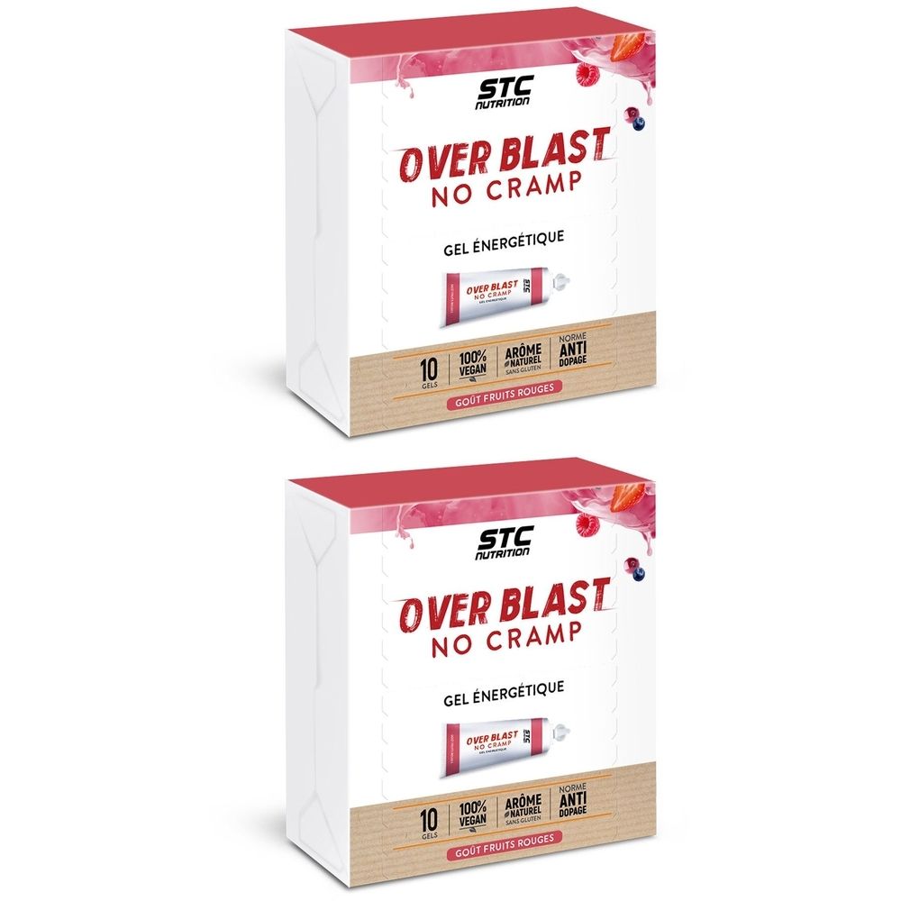 Deux boîtes de STC Nutrition Over Blast No Cramp Gel. Inscription: Over Blast No Cramp, Gel Energétique, 10, 100% Vegan.