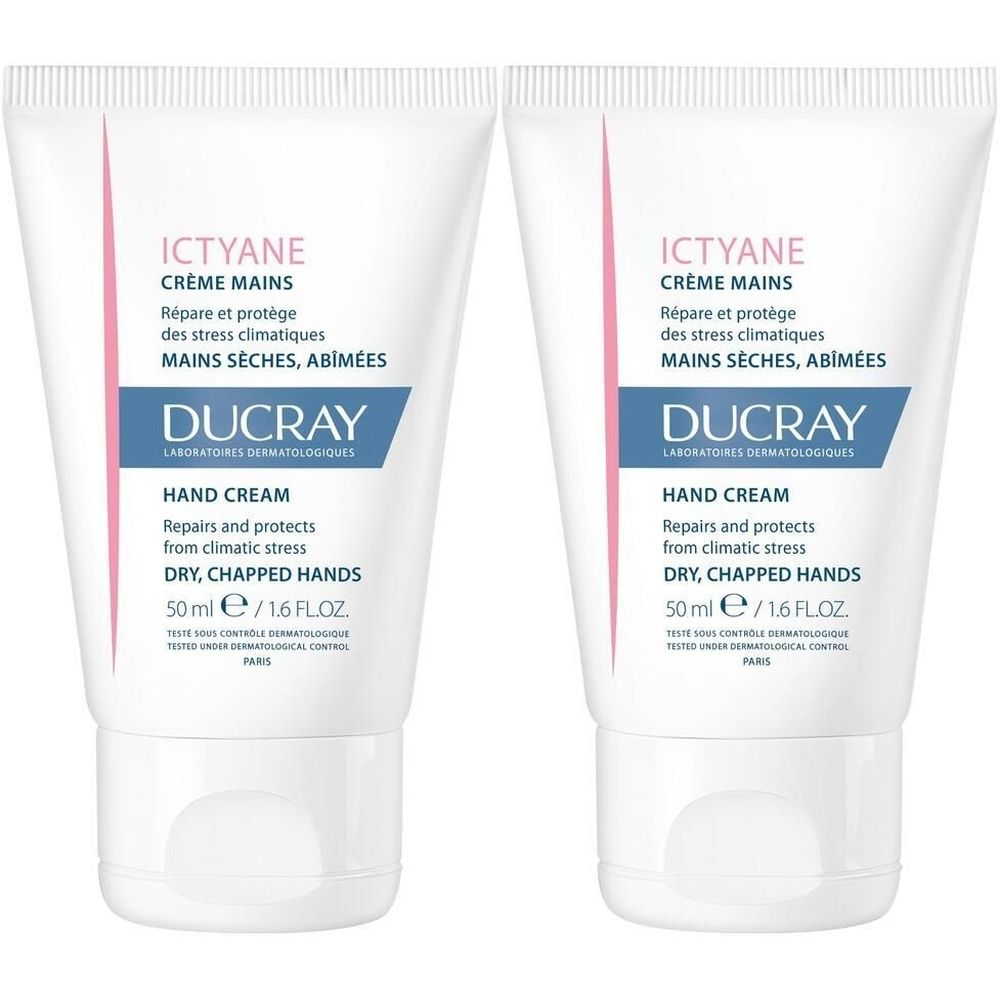 Deux tubes de crème pour les mains. Inscription: ICTYANE, Crème Mains, DUCRAY. Pour mains sèches et abîmées. 50 ml.