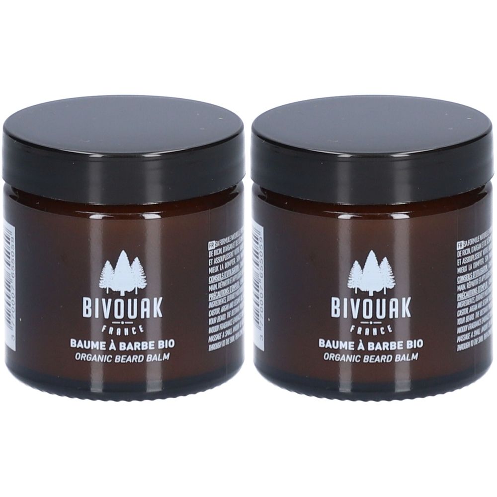 Deux pots bruns avec couvercles noirs. Étiquettes : "BIVOUAK FRANCE BAUME À BARBE BIO ORGANIC BEARD BALM".