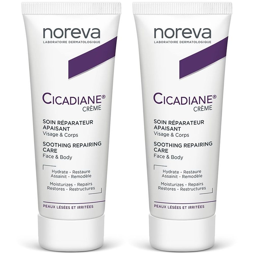 Deux tubes de crème Cicadiane. Tubes blancs avec accents violets et texte. Contient des informations sur les ingrédients et l'utilisation.