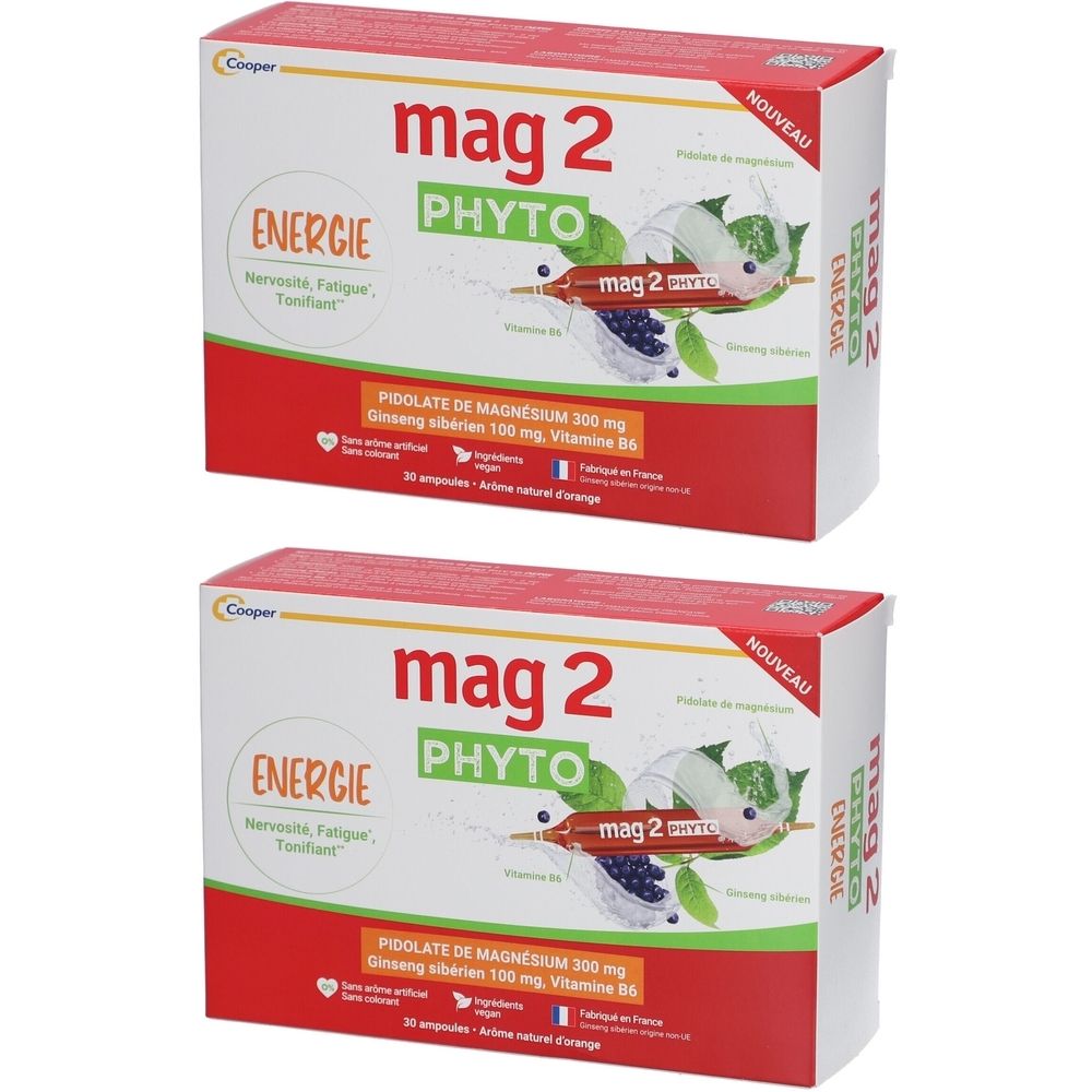 Deux boîtes de "mag 2 PHYTO Energie". Inscriptions et logos sur l'emballage.