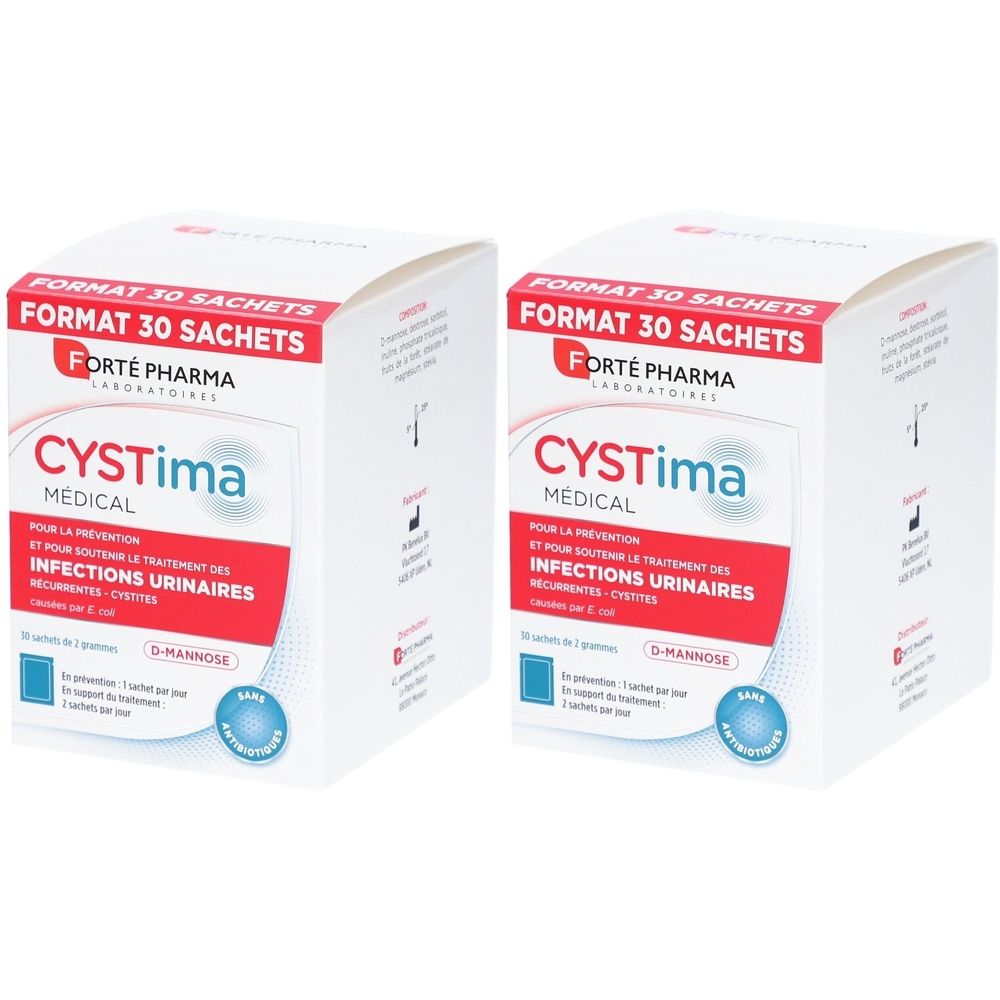 Deux boîtes de Cystima. Inscription: FORTE PHARMA, Cystima Medical, Format 30 Sachets. Éléments rouges et bleus.