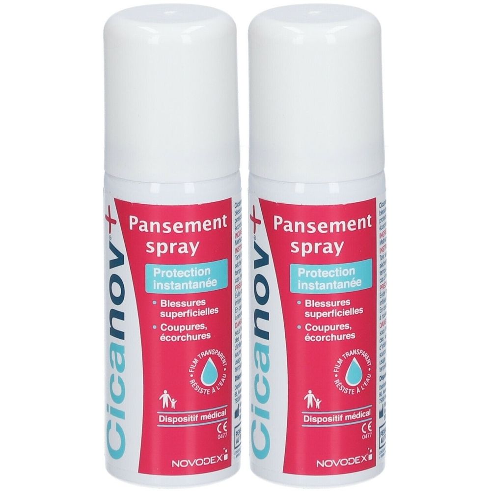 Deux sprays Cicanov+ Pansement. Étiquette rouge avec texte: Protection instantanée, Blessures superficielles, Coupures, écorchures.