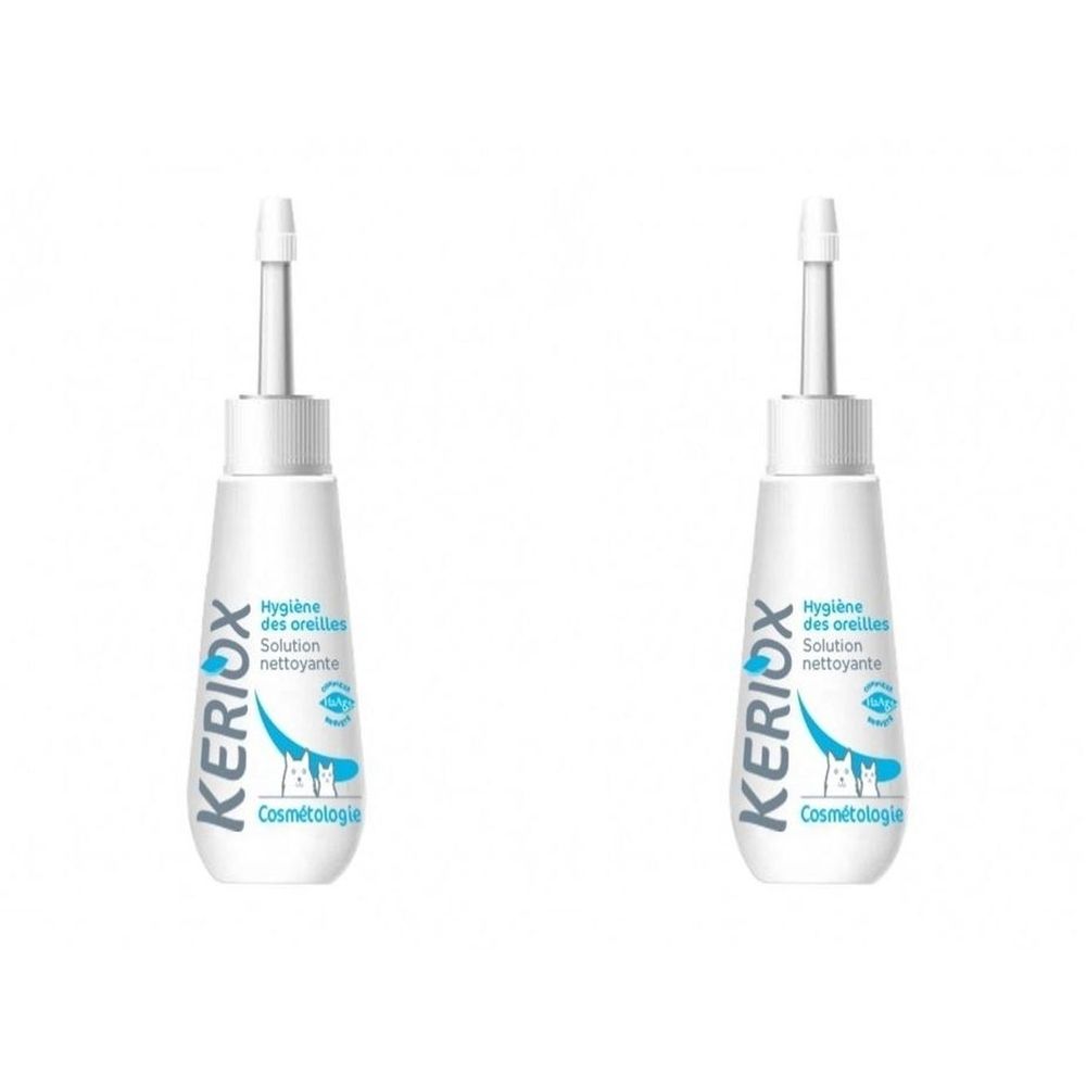 Deux flacons blancs avec applicateur. Inscription : KERIUX, Hygiène des oreilles, Solution nettoyante, Cosmétologie.