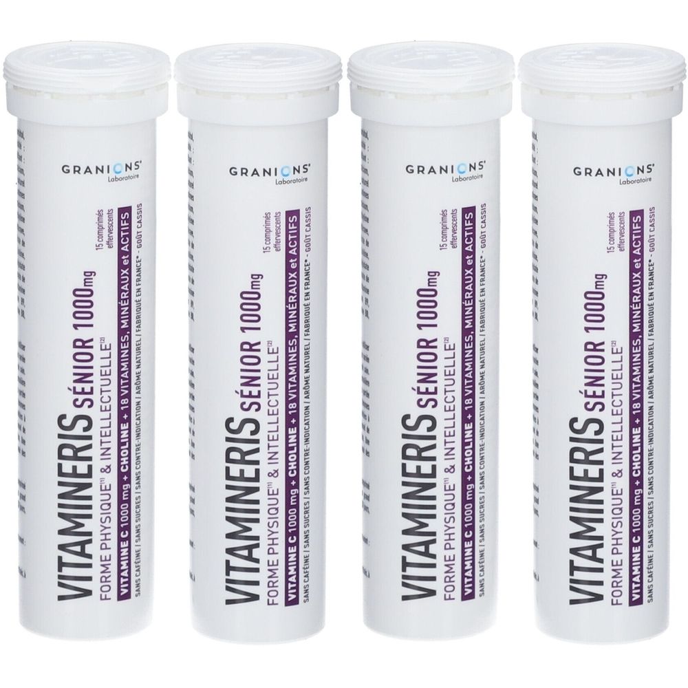 Quatre tubes blancs de comprimés. Inscription: VITAMINERIS SÉNIOR 1000 mg, Forme Physique & Intellectuelle. Marque: GRANIONS.