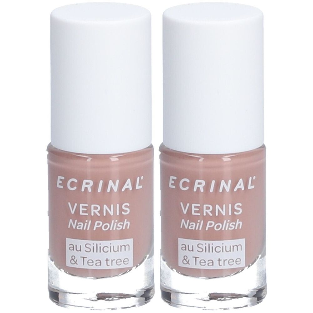 Deux flacons de vernis à ongles. Inscription : ECRINAL, Vernis Nail Polish, au Silicium & Tea tree. Couleur nude.
