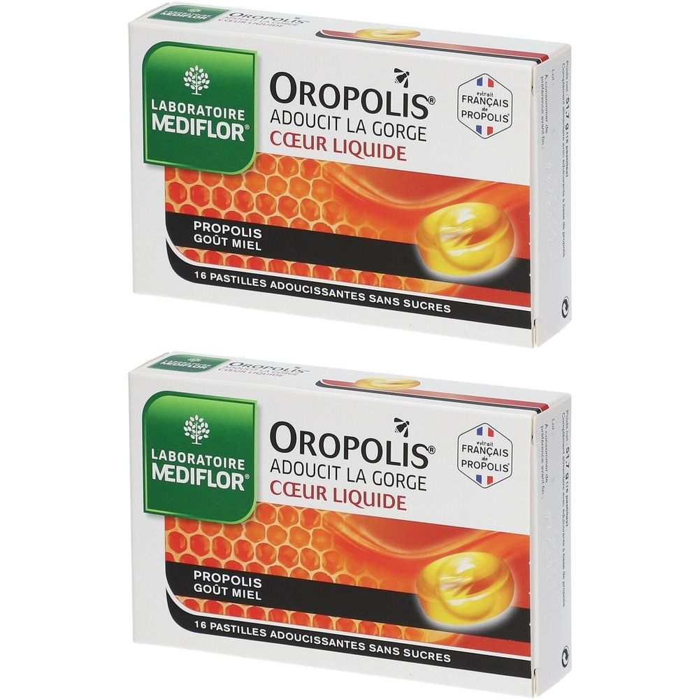 Deux boîtes de pastilles Oropolis Cœur liquide. Inscription: Adoucit la gorge, Propolis, Gout miel. 16 pastilles.