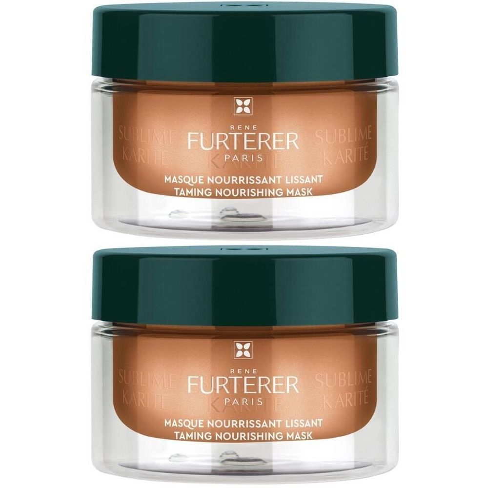 Deux pots de crème brune avec couvercles verts. Inscription: FURTERER, SUBLIME KARITÉ, MASQUE NOURRISSANT LISSANT.