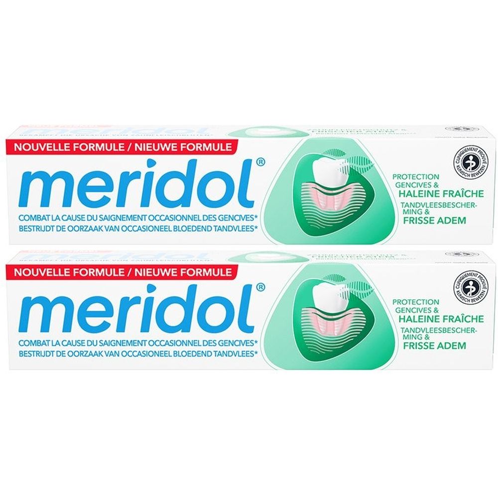 Deux tubes de dentifrice, blanc avec texte bleu et vert. Inscription: meridol, Nouvelle Formule, Protection gencives et haleine fraîche.